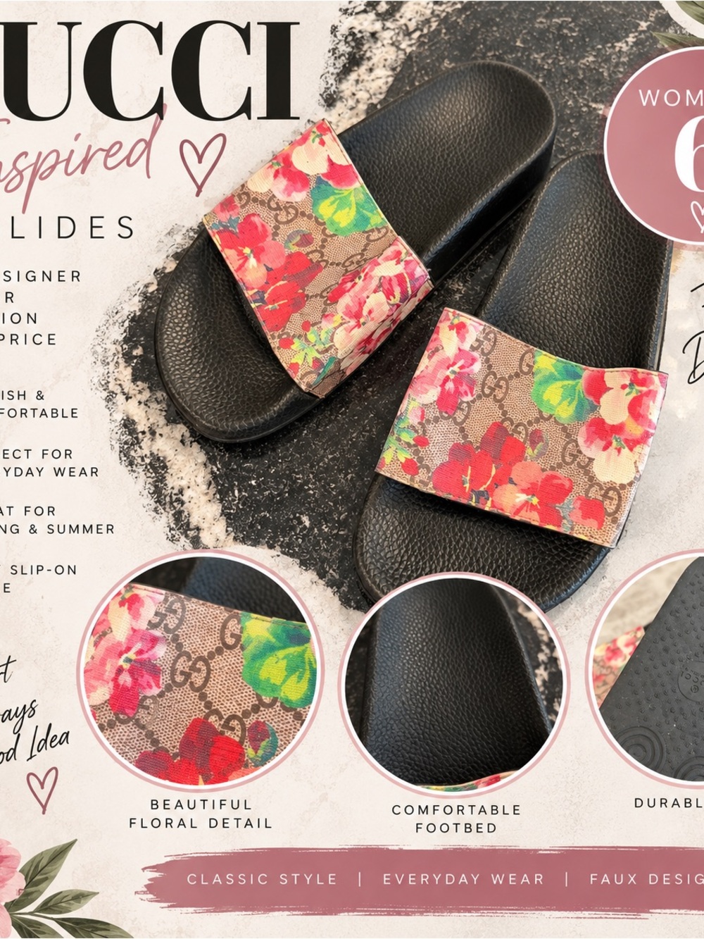 Gucci Floral Strap Black Slide Sandals